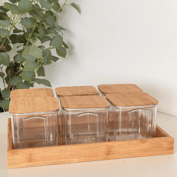 Besthomez - Set Balang Raya Plastic Square Jar kedap udara + Bamboo Tray