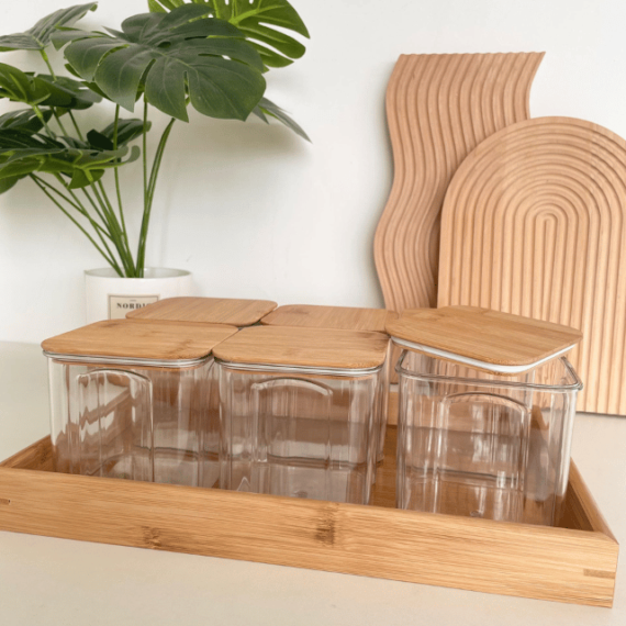 Besthomez - Set Balang Raya Plastic Square Jar kedap udara + Bamboo Tray