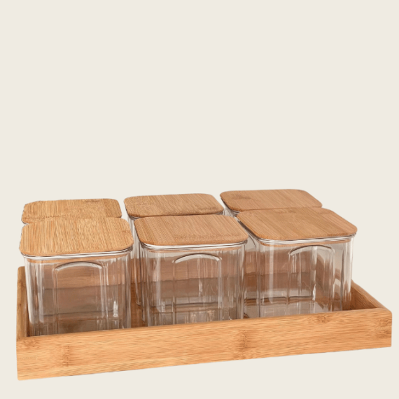 Besthomez - Set Balang Raya Plastic Square Jar kedap udara + Bamboo Tray